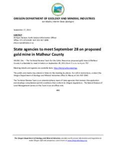DOGAMI news release: State agencies to meet September 28 on proposed gold mine in Malheur County