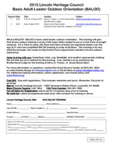 2015 Lincoln Heritage Council Basic Adult Leader Outdoor Orientation (BALOO) Course # Date