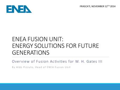 FRASCATI,	
  NOVEMBER	
  12TH	
  2014	
  	
    ENEA  FUSION  UNIT:     ENERGY  SOLUTIONS  FOR  FUTURE   GENERATIONS
 Overview  of  Fusion  Ac<vi<es  for  W.  H.  Gates  III