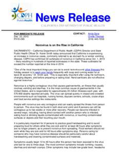 News Release CALIFORNIA DEPARTMENT OF PUBLIC HEALTH FOR IMMEDIATE RELEASE Dec. 23, 2015 PH15-093