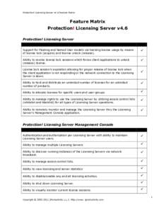 Protection! Licensing Server v4.6 Feature Matrix  Feature Matrix Protection! Licensing Server v4.6 Protection! Licensing Server Support for Floating and Named User models via tracking license usage by means