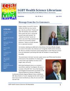 LGBT Health Science Librarians Special Interest Group (SIG) of the Medical Library Association Newsletter Vol. 19, No. 1