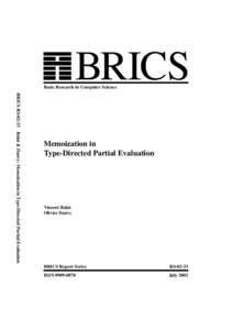 BRICS  Basic Research in Computer Science BRICS RSBalat & Danvy: Memoization in Type-Directed Partial Evaluation  Memoization in