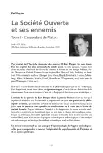 Karl Popper  La Société Ouverte et ses ennemis Tome I - L’ascendant de Platon Seuil, 1979, 262 p.