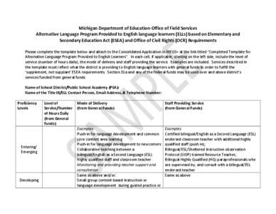 Michigan Department of Education-Office of Field Services Alternative Language Program Provided to English language learners (ELLs) based on Elementary and Secondary Education Act (ESEA) and Office of Civil Rights (OCR) 