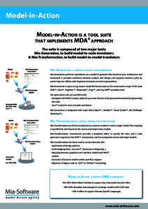 Model-in-Action MODEL-IN-ACTION IS A TOOL SUITE ® THAT IMPLEMENTS MDA APPROACH The suite is composed of two major tools: Mia-Generation, to build model-to-code translators