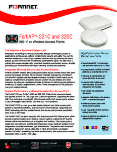 FortiAPTM-221C and 320C 802.11ac Wireless Access Points The Need for a Fortified Wireless LAN Enterprises are looking to increase productivity through uninterrupted access to applications and resources, without compromis