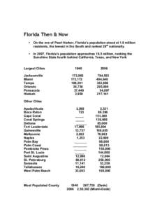 Florida Then & Now • On the eve of Pearl Harbor, Florida’s population stood at 1.9 million residents, the lowest in the South and ranked 29th nationally.