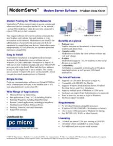 ModemServe™  Modem Server Software Product Data Sheet Modem Pooling for Windows Networks ModemServe™ allows network users to access modems and