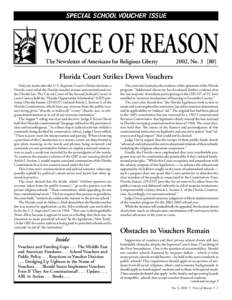 SPECIAL SCHOOL VOUCHER ISSUE  VOICE OF REASON The Newsletter of Americans for Religious Liberty  2002, No]