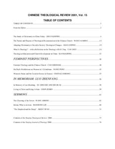 CHINESE THEOLOGICAL REVIEW 2001, Vol. 15 TABLE OF CONTENTS TABLE OF CONTENTS ..............................................................................................................................................1