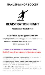 NAKUSP MINOR SOCCER  REGISTRATION NIGHT Wednesday MARCH 13 NES FOYER by the gym 6:30-8:00 Early Registration available at Shaggyz (Tracy Smith) and NES (Barb Lewis)