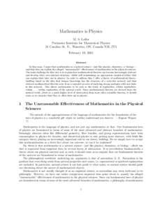 Mathematics is Physics M. S. Leifer Perimeter Institute for Theoretical Physics 31 Caroline St. N., Waterloo, ON, Canada N2L 2Y5 February 19, 2015 Abstract