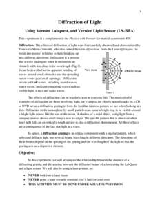 1  Diffraction of Light Using Vernier Labquest, and Vernier Light Sensor (LS-BTA) This experiment is a complement to the Physics with Vernier lab manual experiment #29. Diffraction: The effects of diffraction of light we