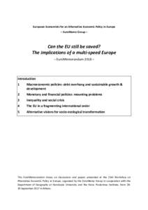 European Economists for an Alternative Economic Policy in Europe – EuroMemo Group – Can the EU still be saved? The implications of a multi-speed Europe – EuroMemorandum 2018 –