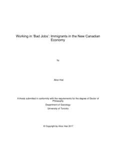 Working in ‘Bad Jobs’: Immigrants in the New Canadian Economy by  Alice Hoe