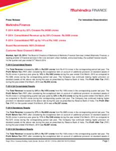 Press Release  For Immediate Dissemination Mahindra Finance F-2014 AUM up by 22% Crosses Rs[removed]crores