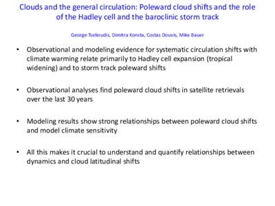 Clouds and the general circulation: Poleward cloud shifts and the role of the Hadley cell and the baroclinic storm track George Tselioudis, Dimitra Konsta, Costas Douvis, Mike Bauer • Observational and modeling evidenc