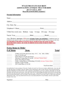 WNAX/TRI-STATE OLD IRON ASSOCIATION ANTIQUE TRACTOR RIDE JULY, 2015 Please fill out BOTH SIDES completely!!  Personal Information
