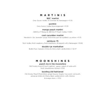 M A R T I N I S 360˚ martini Grey Goose Vodka, St-Germain & champagne • 11.55 pomtini Grey Goose Vodka & pomegranate • 11.55