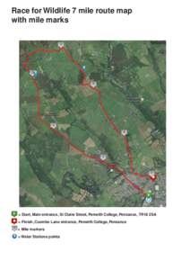 Race for Wildlife 7 mile route map with mile marks = Start, Main entrance, St Claire Street, Penwith College, Penzance, TR18 2SA = Finish, Coombe Lane entrance, Penwith College, Penzance = Mile markers