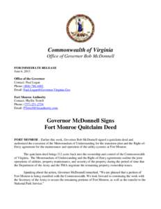 Commonwealth of Virginia Office of Governor Bob McDonnell FOR IMMEDIATE RELEASE June 6, 2013 Office of the Governor Contact: Paul Logan