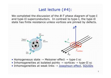 Last lecture (#4): We completed the discussion of the B-T phase diagram of type-I and type-II superconductors. In contrast to type-I, the type-II state has finite resistance unless vortices are pinned by defects. B