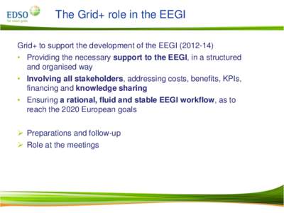 The Grid+ role in the EEGI Grid+ to support the development of the EEGI[removed]) • Providing the necessary support to the EEGI, in a structured and organised way • Involving all stakeholders, addressing costs, benef