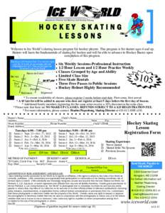 HOCKEY SKATING LESSONS Welcome to Ice World’s skating lesson program for hockey players. This program is for skaters ages 4 and up. Skaters will learn the fundamentals of skating for hockey and will be able to advance 