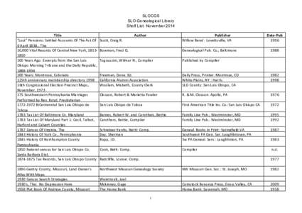 SLOCGS SLO Genealogical Library Shelf List: November 2014 Title 