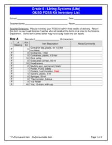 Microsoft Word - FOSS Kit Inventory List - Grade 5 - Living Systems (Life)