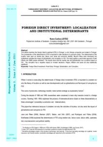 Leitão N. C. mrp.ase.ro FOREIGN DIRECT INVESTMENT: LOCALIZATION AND INSTITUTIONAL DETERMINANTS MANAGEMENT RESEARCH AND PRACTICE Vol. 3 Issue[removed]pp: 1-6