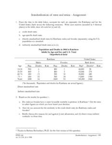 Standardization of rates and ratios - Assignment 1. From the data in the table below, compute for each sex separately (for Rateboro) and for the United States (both sexes) the following measures. Write your answers (roun
