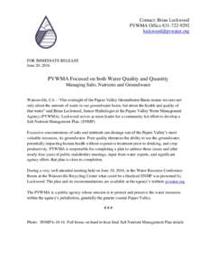 Contact: Brian Lockwood PVWMA OfficeFOR IMMEDIATE RELEASE June 20, 2016