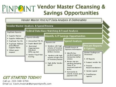Vendor Master And A/P Data Analysis & Deliverables Vendor Master Analysis & Spend Review Duplicate Reports:  Supplier Names  Supplier Addresses