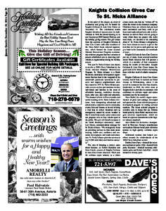 Queens Gazette December 10, 2014 Page 34  Knights Collision Gives Car To St. Nicks Alliance  Wishing All Our Friends and Customers