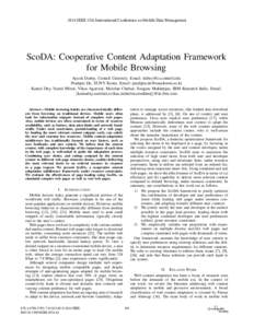 2014 IEEE 15th International Conference on Mobile Data Management  ScoDA: Cooperative Content Adaptation Framework for Mobile Browsing Ayush Dubey, Cornell Uniersity. Email:  Pradipta De, SUNY Korea. 