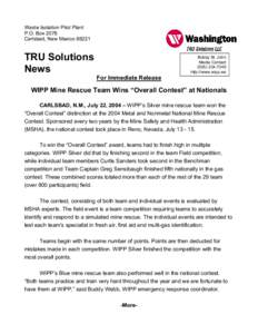 Waste Isolation Pilot Plant P.O. Box 2078 Carlsbad, New Mexico[removed]TRU Solutions News