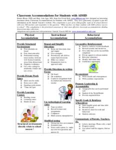 Classroom Accommodations for Students with ADHD Bonita Blazer, PHD and Mary Ann Ager, MD, from Feel Good Kids, www.BBlazer.org have designed an interesting document about Classroom Accommodations for Students with ADHD. 