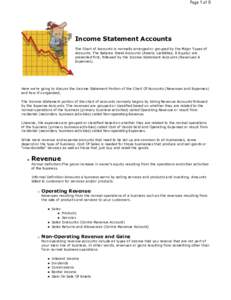 Page 1 of 5  Income Statement Accounts The Chart of Accounts is normally arranged or grouped by the Major Types of Accounts. The Balance Sheet Accounts (Assets, Liabilities, & Equity) are presented first, followed by the