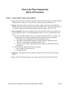 Clear Lake Plan Commission Rules of Procedure Article 1 Name, Purpose, Powers, and Jurisdiction