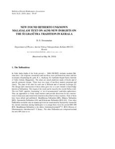 Bulletin of Kerala Mathematics Association Vol.6, No.1, (2010, June) 59–67 NEW FOUND HITHERTO UNKNOWN MALAYALAM TEXT ON AGNI-NEW INSIGHTS ON ´