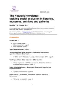 ISSNThe Network Newsletter: tackling social exclusion in libraries, museums, archives and galleries Number 174, October 2015