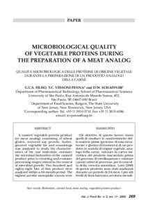 PAPER  MICROBIOLOGICAL QUALITY OF VEGETABLE PROTEINS DURING THE PREPARATION OF A MEAT ANALOG QUALITÀ MICROBIOLOGICA DELLE PROTEINE DI ORIGINE VEGETALE