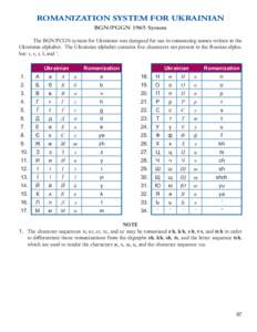 ROMANIZATION SYSTEM FOR UKRAINIAN BGN/PGGN 1965 System The BGN/PCGN system for Ukrainian was designed for use in romanizing names written in the Ukrainian alphabet. The Ukrainian alphabet contains five characters not pre
