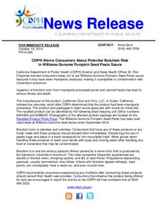 News Release CALIFORNIA DEPARTMENT OF PUBLIC HEALTH FOR IMMEDIATE RELEASE October 10, 2014 PH14-084