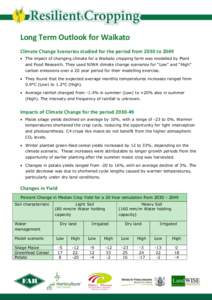 Long Term Outlook for Waikato Climate Change Scenarios studied for the period from 2030 to 2049  The impact of changing climate for a Waikato cropping farm was modelled by Plant and Food Research. They used NIWA clima
