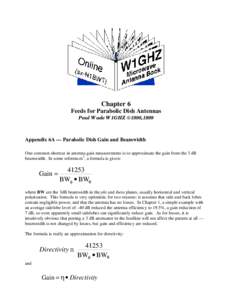 Chapter 6 Feeds for Parabolic Dish Antennas Paul Wade W1GHZ ©1998,1999 Appendix 6A — Parabolic Dish Gain and Beamwidth One common shortcut in antenna gain measurements is to approximate the gain from the 3 dB