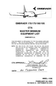 EMBRAERCTA MASTER MINIMUM EQUIPMENT LIST EMBRAER S.A. THIS DOCUMENT IS APPLICABLE TO THE FOLLOWING AIRPLANE