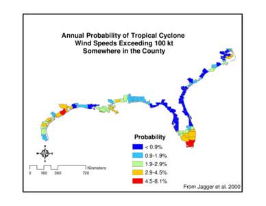 Annual Probability of Tropical Cyclone Wind Speeds Exceeding 100 kt Somewhere in the County Probability < 0.9%